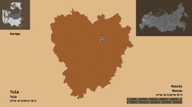 Tula 'nın şekli, Rusya bölgesi ve başkenti. Uzaklık ölçeği, ön gösterimler ve etiketler. Düzenli desenli dokuların bileşimi. 3B görüntüleme