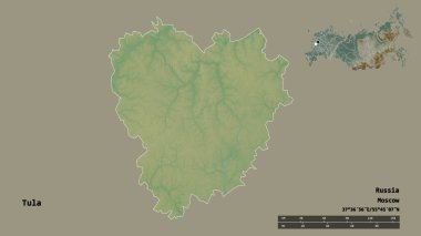 Rusya 'nın başkenti sağlam bir zemin üzerinde izole edilmiş Tula' nın şekli. Uzaklık ölçeği, bölge önizlemesi ve etiketleri. Topografik yardım haritası. 3B görüntüleme