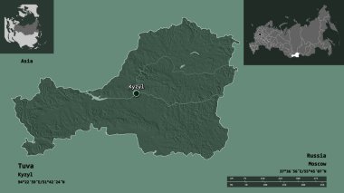 Tuva 'nın şekli, Rusya Cumhuriyeti ve başkenti. Uzaklık ölçeği, ön gösterimler ve etiketler. Renkli yükseklik haritası. 3B görüntüleme