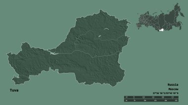 Rusya Cumhuriyeti 'nin başkenti sağlam arka planda izole edilmiş Tuva şekli. Uzaklık ölçeği, bölge önizlemesi ve etiketleri. Renkli yükseklik haritası. 3B görüntüleme