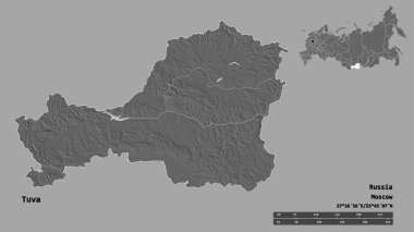 Rusya Cumhuriyeti 'nin başkenti sağlam arka planda izole edilmiş Tuva şekli. Uzaklık ölçeği, bölge önizlemesi ve etiketleri. Çift seviyeli yükseklik haritası. 3B görüntüleme