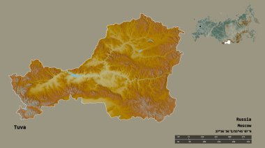 Rusya Cumhuriyeti 'nin başkenti sağlam arka planda izole edilmiş Tuva şekli. Uzaklık ölçeği, bölge önizlemesi ve etiketleri. Topografik yardım haritası. 3B görüntüleme