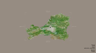 Tuva bölgesi, Rusya Cumhuriyeti, jeoreferatlı bir sınır kutusunun sağlam bir arka planında izole edilmiş. Etiketler. Uydu görüntüleri. 3B görüntüleme