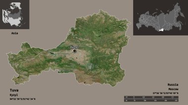 Tuva 'nın şekli, Rusya Cumhuriyeti ve başkenti. Uzaklık ölçeği, ön gösterimler ve etiketler. Uydu görüntüleri. 3B görüntüleme