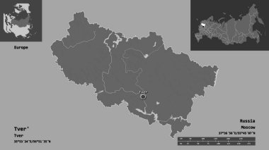 Tver 'in şekli, Rusya bölgesi ve başkenti. Uzaklık ölçeği, ön gösterimler ve etiketler. Çift seviyeli yükseklik haritası. 3B görüntüleme