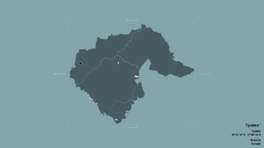 Rusya 'nın Tyumen bölgesindeki bölge jeoreferatlı bir sınır kutusunun sağlam bir arka planında izole edilmiş. Etiketler. Renkli yükseklik haritası. 3B görüntüleme