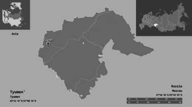 Tyumen 'in şekli, Rusya bölgesi ve başkenti. Uzaklık ölçeği, ön gösterimler ve etiketler. Çift seviyeli yükseklik haritası. 3B görüntüleme