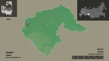 Tyumen 'in şekli, Rusya bölgesi ve başkenti. Uzaklık ölçeği, ön gösterimler ve etiketler. Topografik yardım haritası. 3B görüntüleme