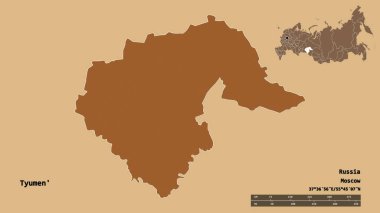Rusya 'nın Tyumen bölgesi, başkenti sağlam bir zemin üzerinde izole edilmiş. Uzaklık ölçeği, bölge önizlemesi ve etiketleri. Düzenli desenli dokuların bileşimi. 3B görüntüleme