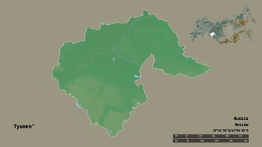 Rusya 'nın Tyumen bölgesi, başkenti sağlam bir zemin üzerinde izole edilmiş. Uzaklık ölçeği, bölge önizlemesi ve etiketleri. Topografik yardım haritası. 3B görüntüleme