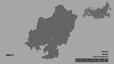 Rusya Cumhuriyeti 'nin başkenti Udmurt' un katı bir arka planda izole edilmiş hali. Uzaklık ölçeği, bölge önizlemesi ve etiketleri. Çift seviyeli yükseklik haritası. 3B görüntüleme