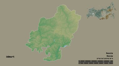 Rusya Cumhuriyeti 'nin başkenti Udmurt' un katı bir arka planda izole edilmiş hali. Uzaklık ölçeği, bölge önizlemesi ve etiketleri. Topografik yardım haritası. 3B görüntüleme