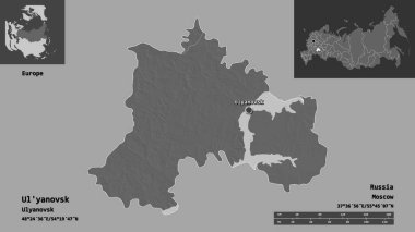 Rusya bölgesi ve başkenti Ul 'yanovsk' un şekli. Uzaklık ölçeği, ön gösterimler ve etiketler. Çift seviyeli yükseklik haritası. 3B görüntüleme