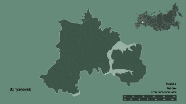 Rusya 'nın başkenti Ul' yanovsk 'un katı arka planda izole edilmiş hali. Uzaklık ölçeği, bölge önizlemesi ve etiketleri. Renkli yükseklik haritası. 3B görüntüleme