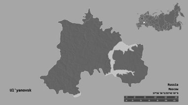 Rusya 'nın başkenti Ul' yanovsk 'un katı arka planda izole edilmiş hali. Uzaklık ölçeği, bölge önizlemesi ve etiketleri. Çift seviyeli yükseklik haritası. 3B görüntüleme