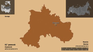 Rusya bölgesi ve başkenti Ul 'yanovsk' un şekli. Uzaklık ölçeği, ön gösterimler ve etiketler. Düzenli desenli dokuların bileşimi. 3B görüntüleme