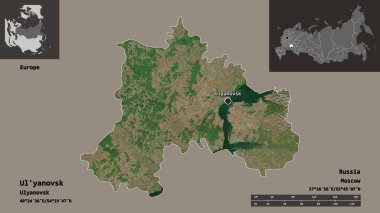 Rusya bölgesi ve başkenti Ul 'yanovsk' un şekli. Uzaklık ölçeği, ön gösterimler ve etiketler. Uydu görüntüleri. 3B görüntüleme