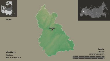 Vladimir 'in şekli, Rusya bölgesi ve başkenti. Uzaklık ölçeği, ön gösterimler ve etiketler. Topografik yardım haritası. 3B görüntüleme