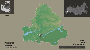 Volgograd 'ın şekli, Rusya bölgesi ve başkenti. Uzaklık ölçeği, ön gösterimler ve etiketler. Topografik yardım haritası. 3B görüntüleme