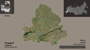 Volgograd 'ın şekli, Rusya bölgesi ve başkenti. Uzaklık ölçeği, ön gösterimler ve etiketler. Uydu görüntüleri. 3B görüntüleme