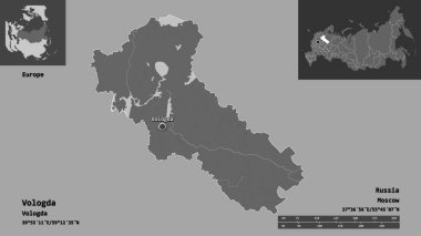 Vologda 'nın şekli, Rusya bölgesi ve başkenti. Uzaklık ölçeği, ön gösterimler ve etiketler. Çift seviyeli yükseklik haritası. 3B görüntüleme