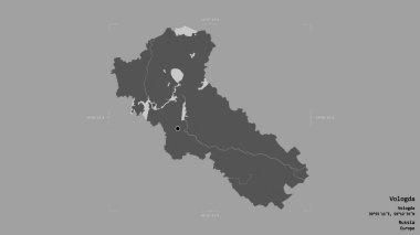 Rusya 'nın Vologda bölgesi, jeoreferatlı bir sınır kutusunda sağlam bir arka planda izole edilmiş. Etiketler. Çift seviyeli yükseklik haritası. 3B görüntüleme