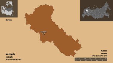 Vologda 'nın şekli, Rusya bölgesi ve başkenti. Uzaklık ölçeği, ön gösterimler ve etiketler. Düzenli desenli dokuların bileşimi. 3B görüntüleme