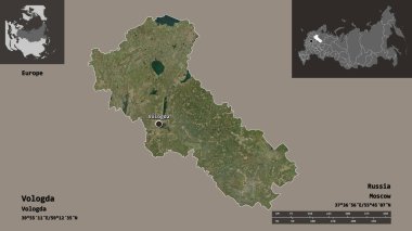 Vologda 'nın şekli, Rusya bölgesi ve başkenti. Uzaklık ölçeği, ön gösterimler ve etiketler. Uydu görüntüleri. 3B görüntüleme