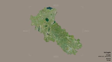 Rusya 'nın Vologda bölgesi, jeoreferatlı bir sınır kutusunda sağlam bir arka planda izole edilmiş. Etiketler. Uydu görüntüleri. 3B görüntüleme
