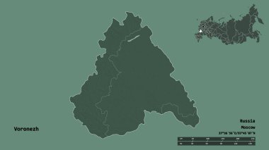 Voronezh 'in şekli, Rusya bölgesi, başkenti sağlam bir zemin üzerinde izole edilmiş. Uzaklık ölçeği, bölge önizlemesi ve etiketleri. Renkli yükseklik haritası. 3B görüntüleme