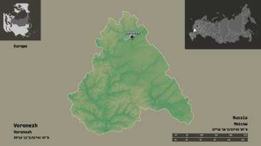 Voronezh 'in şekli, Rusya bölgesi ve başkenti. Uzaklık ölçeği, ön gösterimler ve etiketler. Topografik yardım haritası. 3B görüntüleme