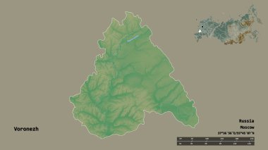Voronezh 'in şekli, Rusya bölgesi, başkenti sağlam bir zemin üzerinde izole edilmiş. Uzaklık ölçeği, bölge önizlemesi ve etiketleri. Topografik yardım haritası. 3B görüntüleme