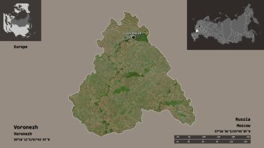 Voronezh 'in şekli, Rusya bölgesi ve başkenti. Uzaklık ölçeği, ön gösterimler ve etiketler. Uydu görüntüleri. 3B görüntüleme