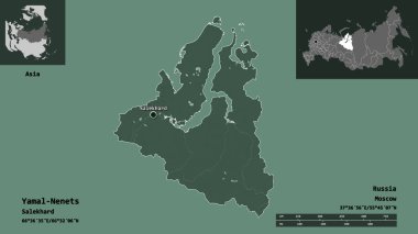 Yamal-Nenets 'in şekli, Rusya özerk bölgesi ve başkenti. Uzaklık ölçeği, ön gösterimler ve etiketler. Renkli yükseklik haritası. 3B görüntüleme