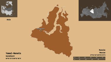 Yamal-Nenets 'in şekli, Rusya özerk bölgesi ve başkenti. Uzaklık ölçeği, ön gösterimler ve etiketler. Düzenli desenli dokuların bileşimi. 3B görüntüleme