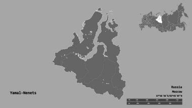 Rusya 'nın özerk eyaleti Yamal-Nenets' in şekli, başkenti sağlam bir zemin üzerinde izole edilmiş. Uzaklık ölçeği, bölge önizlemesi ve etiketleri. Çift seviyeli yükseklik haritası. 3B görüntüleme