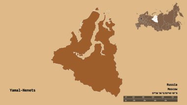 Rusya 'nın özerk eyaleti Yamal-Nenets' in şekli, başkenti sağlam bir zemin üzerinde izole edilmiş. Uzaklık ölçeği, bölge önizlemesi ve etiketleri. Düzenli desenli dokuların bileşimi. 3B görüntüleme