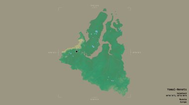 Yamal-Nenets bölgesi, Rusya 'nın özerk bölgesi, jeoreferatlı bir sınır kutusunda sağlam bir arka planda izole edilmiş. Etiketler. Topografik yardım haritası. 3B görüntüleme