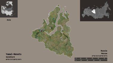 Yamal-Nenets 'in şekli, Rusya özerk bölgesi ve başkenti. Uzaklık ölçeği, ön gösterimler ve etiketler. Uydu görüntüleri. 3B görüntüleme