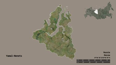 Rusya 'nın özerk eyaleti Yamal-Nenets' in şekli, başkenti sağlam bir zemin üzerinde izole edilmiş. Uzaklık ölçeği, bölge önizlemesi ve etiketleri. Uydu görüntüleri. 3B görüntüleme