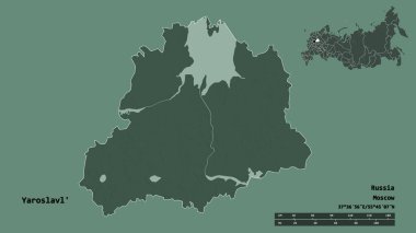 Rusya 'nın Yaroslavl bölgesi, başkenti sağlam bir zemin üzerinde izole edilmiş. Uzaklık ölçeği, bölge önizlemesi ve etiketleri. Renkli yükseklik haritası. 3B görüntüleme