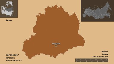 Yaroslavl 'ın şekli, Rusya bölgesi ve başkenti. Uzaklık ölçeği, ön gösterimler ve etiketler. Düzenli desenli dokuların bileşimi. 3B görüntüleme