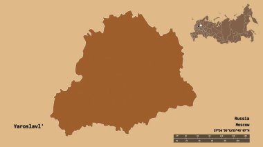 Rusya 'nın Yaroslavl bölgesi, başkenti sağlam bir zemin üzerinde izole edilmiş. Uzaklık ölçeği, bölge önizlemesi ve etiketleri. Düzenli desenli dokuların bileşimi. 3B görüntüleme