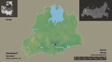 Yaroslavl 'ın şekli, Rusya bölgesi ve başkenti. Uzaklık ölçeği, ön gösterimler ve etiketler. Topografik yardım haritası. 3B görüntüleme