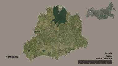 Rusya 'nın Yaroslavl bölgesi, başkenti sağlam bir zemin üzerinde izole edilmiş. Uzaklık ölçeği, bölge önizlemesi ve etiketleri. Uydu görüntüleri. 3B görüntüleme