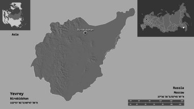 Yevrey 'nin şekli, Rusya' nın özerk bölgesi ve başkenti. Uzaklık ölçeği, ön gösterimler ve etiketler. Çift seviyeli yükseklik haritası. 3B görüntüleme