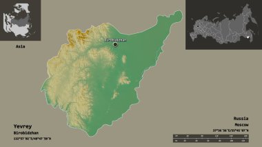 Yevrey 'nin şekli, Rusya' nın özerk bölgesi ve başkenti. Uzaklık ölçeği, ön gösterimler ve etiketler. Topografik yardım haritası. 3B görüntüleme