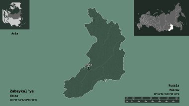 Zabaykal 'ye benziyor, Rusya toprakları ve başkenti. Uzaklık ölçeği, ön gösterimler ve etiketler. Renkli yükseklik haritası. 3B görüntüleme