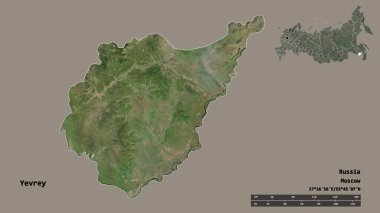 Rusya 'nın özerk bölgesi Yevrey' nin şekli, başkenti sağlam bir zemin üzerinde izole edilmiş. Uzaklık ölçeği, bölge önizlemesi ve etiketleri. Uydu görüntüleri. 3B görüntüleme