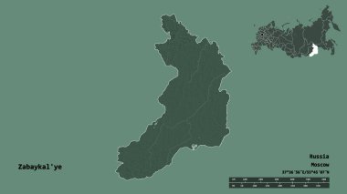 Rusya 'nın Zabaykal' ye bölgesi, başkenti sağlam arka planda izole edilmiş. Uzaklık ölçeği, bölge önizlemesi ve etiketleri. Renkli yükseklik haritası. 3B görüntüleme
